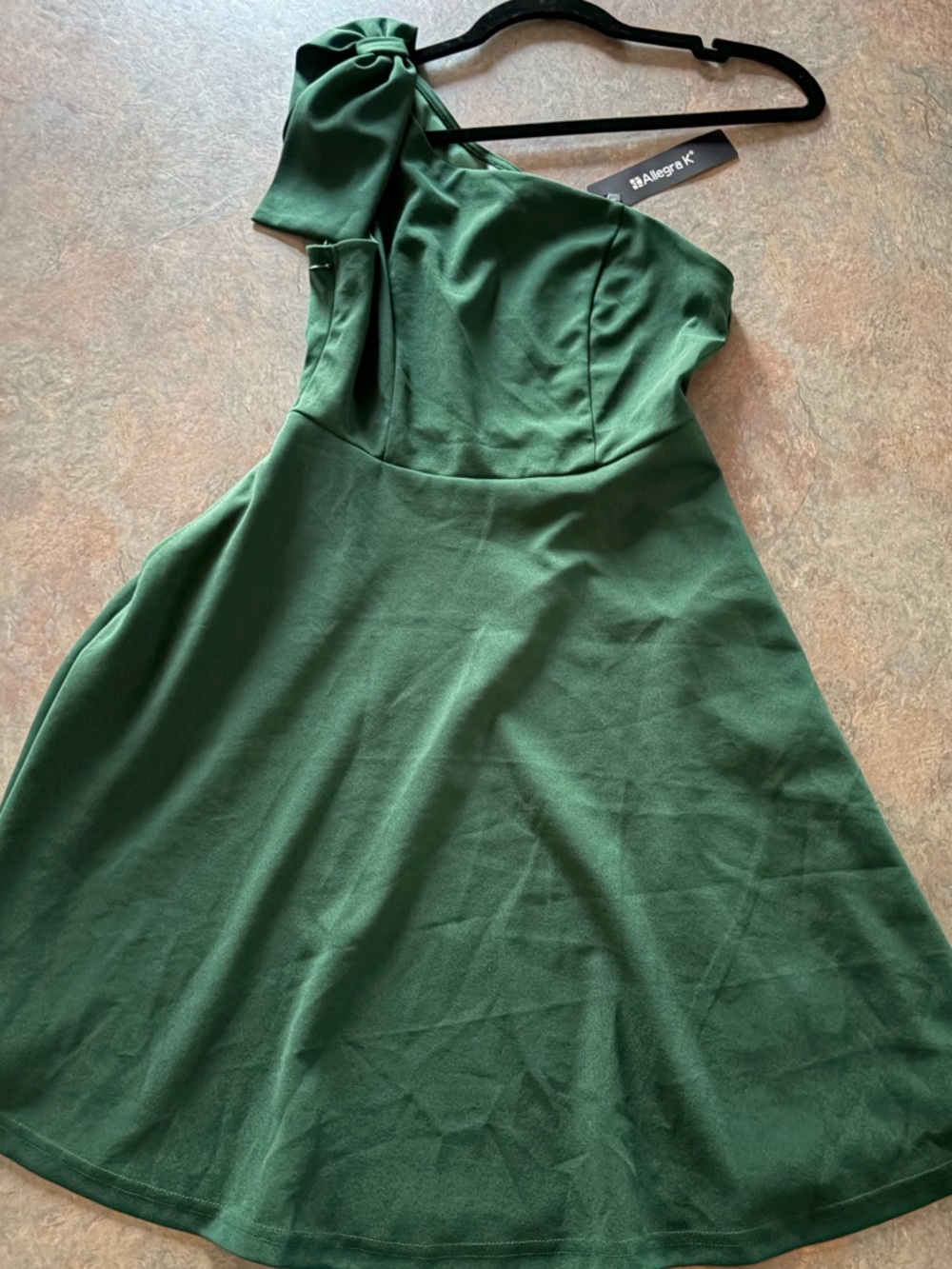 Allegra K Dark Green One-Shoulder Fit & Flare Dress with Bow Accent